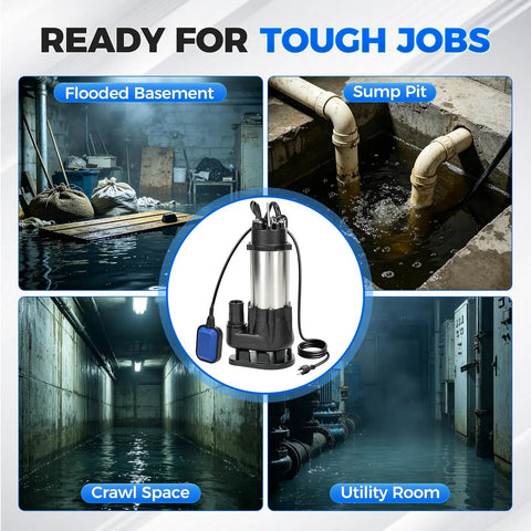 Real Deal Heavy Duty Submersible Sewage Pump With Rock Solid Stainless Steel Build Moving 2900 GPH in flooded basement setting.