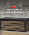 Signature Collection 120 Gallon Resin Deck Box For Patio Gear Stash And Organization Perfect For Outdoor Cushions Throw Pillows Pool Accessories Towels Garden Tools And Beach Gear Rustproof Weather Resistant Walnut, front view on patio