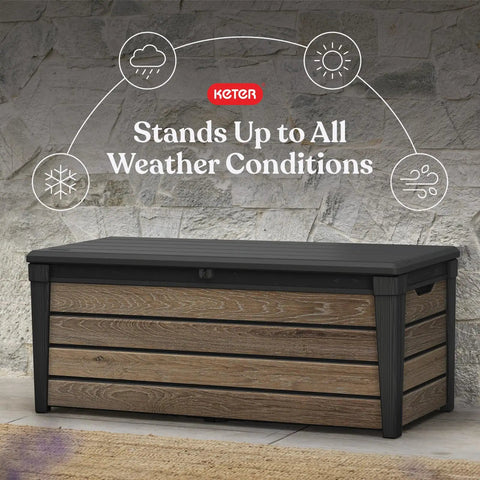 Signature Collection 120 Gallon Resin Deck Box For Patio Gear Stash And Organization Perfect For Outdoor Cushions Throw Pillows Pool Accessories Towels Garden Tools And Beach Gear Rustproof Weather Resistant Walnut, front view on patio