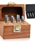 Workhorse Tungsten Carbide Rotary Burr Set Featuring Ten Double Cut Die Grinder Bits Plus Three Metal Cutting Wheels For Heavy Duty Grinding Deburring And Precision Shaping Built To Last With Wood Case in wooden box with bits visible