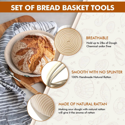 Pro Grade Sourdough Starter Kit With 2 9 Inch Round Banneton Proofing Baskets 24 Oz Glass Jar Danish Dough Whisk And Scraper For Quick Easy Artisan Bread Making At Home showing a baked loaf in a round basket with text overlay