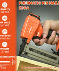Smooth Shooting 23 Gauge Pneumatic Pin Nailer Fires Dead Straight Headless Micro Pins, showing 23GA tool details and usage.