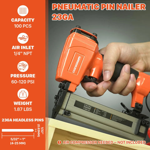 Smooth Shooting 23 Gauge Pneumatic Pin Nailer Fires Dead Straight Headless Micro Pins, showing 23GA tool details and usage.