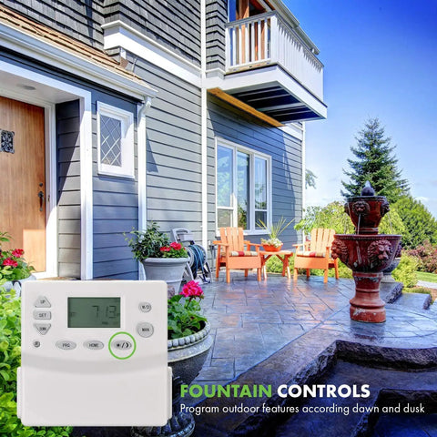 Heavy Duty Programmable Plug In Digital Astronomic Timer For Lights And Electrical Outlets With Random And Daylight Saving Scheduling Two Pack White in garden setting