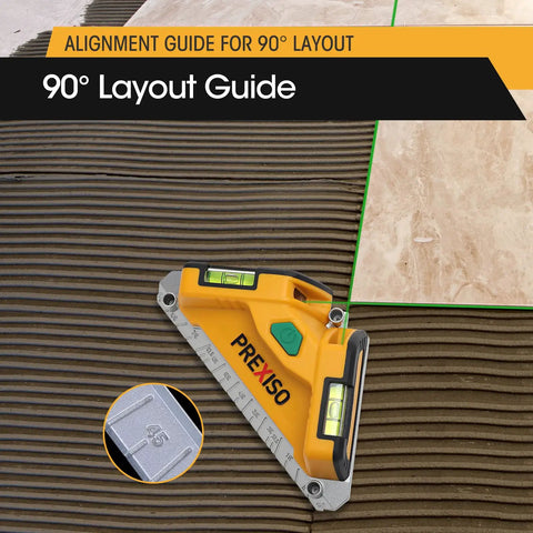 Square Laser Level With Green Beam, 65 Feet Tile Floor Layout, 90 Degree Aluminum Base, Magnetic Level Square, Built In Bubble Vials, Nails And AA Batteries Included, Pro Grade Accuracy For Quick, Simple Home Renos. 90° layout on tile
