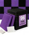 Top Tier Bang For Your Buck Acoustic Foam Wedge Panels 12 Inch Studio Soundproofing Wall Tiles with purple and black design in 96 pack.