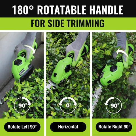 2 In 1 Cordless Grass Shear And Shrub Trimmer For Quick Hedge Shaping, showing 180° rotatable handle in three positions.