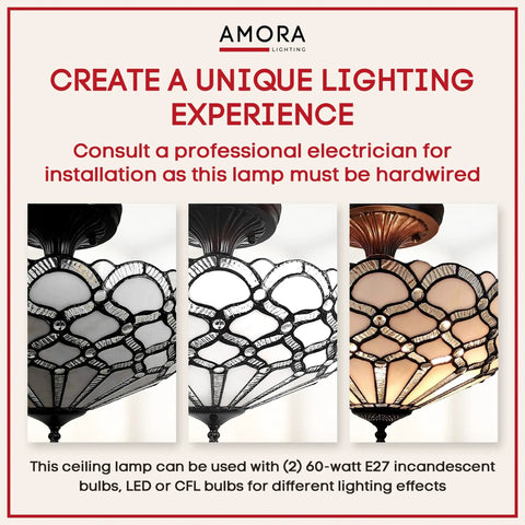 Vintage Tiffany Style Ceiling Lamp 17 Inch Wide With White Jeweled Stained Glass Chandelier Lighting For Dining Room, Antique Handcrafted Ceiling Fixture With Crystal Accents For A Warm Romantic Vibe.