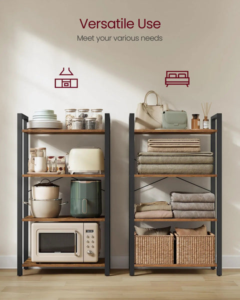Workhorse Four Tier Bookshelf With Heavy Duty Steel Frame And Chill Rustic Vibe Industrial Storage Rack That Flexes Floor Space Smoothly In Every Home Setup Today, showcasing kitchenware and decorative storage.