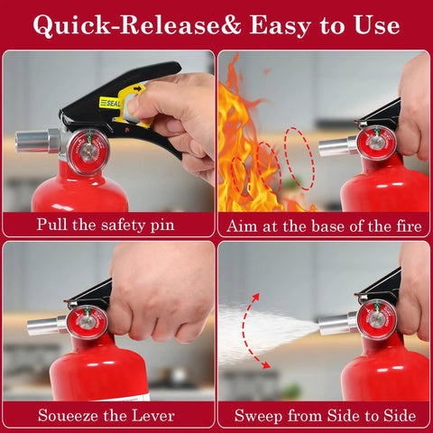 Four Pack Dry Chemical Fire Extinguisher 2.5 Pound with 1A 10B C Rating demonstrating usage steps