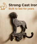 Built Solid Cast Iron Wall Mount Pet Hooks Set Of Two Double Hook Design Rustic Brown Finish Includes All Necessary Screws For Quick Hang Any Spot In The House Or Shed - Dog-shaped cast iron hook on wood wall.
