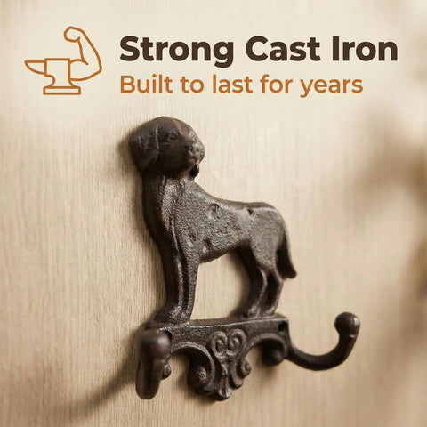 Built Solid Cast Iron Wall Mount Pet Hooks Set Of Two Double Hook Design Rustic Brown Finish Includes All Necessary Screws For Quick Hang Any Spot In The House Or Shed - Dog-shaped cast iron hook on wood wall.