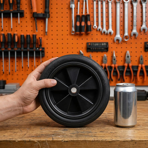 Hand holding a Heavy Duty 7 Inch Solid Tire For Generator And Welder Flat Free Rubber Wheel With Anti Slip Grip.
