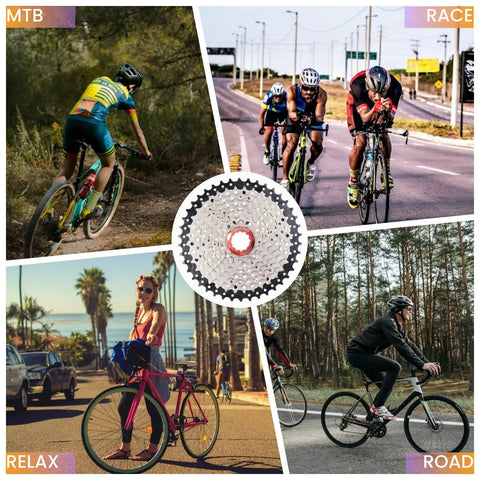 Bike Cassette 10 Speed Wide Range For Mountain And Road Bikes With 11-50T Options shown with cyclists on varied terrains