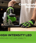 Brushless 7.25 Inch Cordless Circular Saw Kit Including 4Ah Usb Battery and Charger, showing LED light for cutline visibility