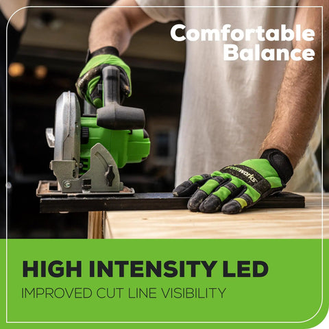 Brushless 7.25 Inch Cordless Circular Saw Kit Including 4Ah Usb Battery and Charger, showing LED light for cutline visibility