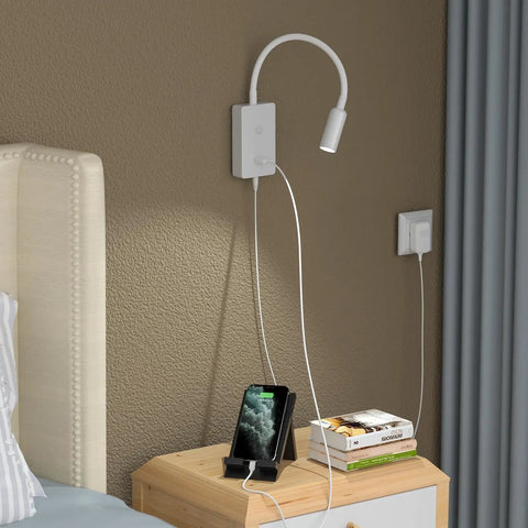 Wall Mounted Bedside LED Reading Light With Touch Dimming And Dope USB Port Flexible Gooseneck Four Brightness Levels Neutral White 4000K Space Saving Headboard Lamp For Bedroom