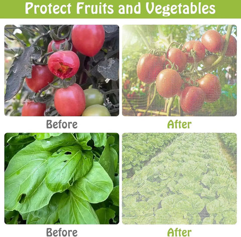 Ultra Fine Garden Netting 10X30Ft Plant Barrier For Backyard Veggies And Flowers Keeps Pests Out With 0.8X1mm Mesh Includes 30 Cable Ties And 10 Nails Perfect For Greenhouse Patio And Garden Bed Protection depicted with before and after vegetable images
