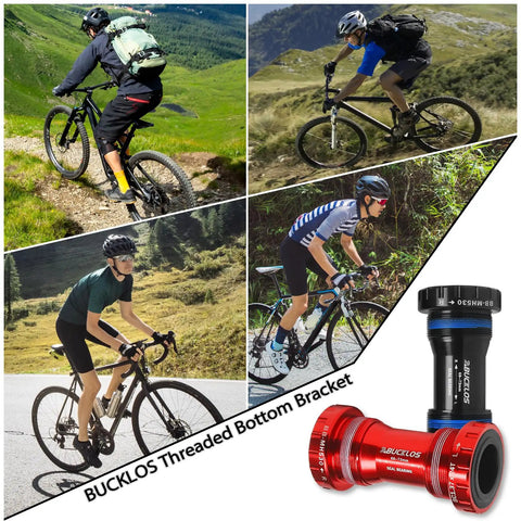 Cyclists on mountain and road bikes with Bottom Bracket With Threaded Or Press Fit Mount, BSA 68-73mm And 86-92mm shown in black and red