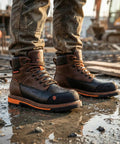 6 Inch Waterproof Composite Toe Work Boots For Men With Crazy Horse Leather Tough As Nails Goodyear Welt Slip Resistant EH Rated Heavy Duty Construction Boots For Industrial Roofing And Landscaping on muddy site