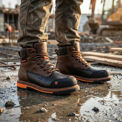 6 Inch Waterproof Composite Toe Work Boots For Men With Crazy Horse Leather Tough As Nails Goodyear Welt Slip Resistant EH Rated Heavy Duty Construction Boots For Industrial Roofing And Landscaping on muddy site