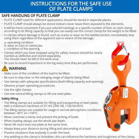 QWORK 2-Ton vertical plate lifting clamp, orange steel, side view
