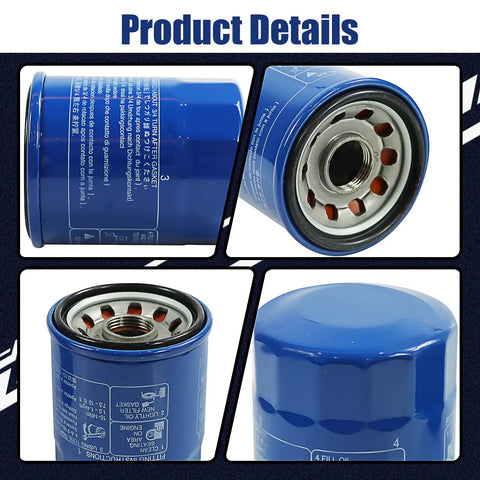 Close-up of the 3pc Oil Filter Drain Plug Gasket Kit for Honda Acura cars, featuring a blue oil filter with detailed labeling.