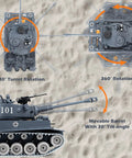 Top view and side view of 1 18 Scale Alloy German Tiger I RC Tank With Smoke Lights And Realistic Dope Sounds, illustrating turret and barrel motion.