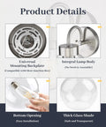 Over Mirror Bathroom Light Fixture One Light Brushed Nickel Wall Sconce Sleek Modern Vanity Lamp product details showing mounting backplate, lamp body, bottom opening, and glass shade.