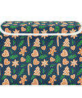 Foldable Storage Bin With Flip Top Lid And Reinforced Handles For Bedroom Closet decorated with holiday gingerbread designs.