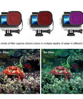 Waterproof GoPro Hero 9 10 11 12 13 Case With Deep Dive 196ft Housing And 4 Pack Macro Filters showing color correction effect underwater