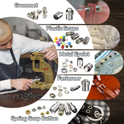 Collage of grommet tools including upgraded heavy duty hand press grommet kit with eyelet punch, fasteners, and plastic snaps