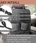 Backseat Organizer With Car Fire Extinguisher Storage And MOLLE Panel Back Seat Cover installed in SUV with clip buckles.