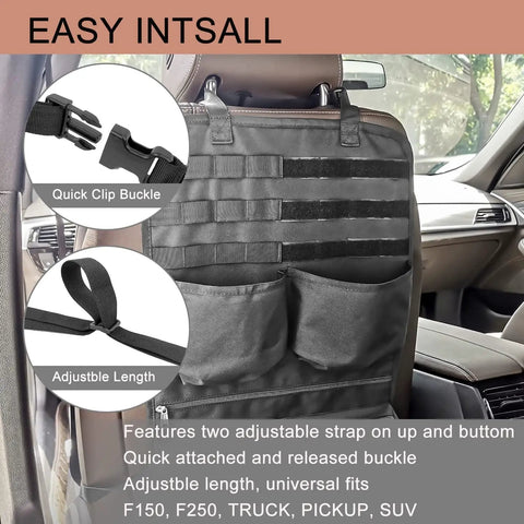 Backseat Organizer With Car Fire Extinguisher Storage And MOLLE Panel Back Seat Cover installed in SUV with clip buckles.