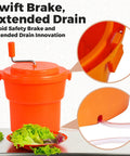 Heavy Hitter Commercial Salad Spinner With 5.5 Gallon 20 Quart Capacity showcasing swift brake and drain features with lettuce.