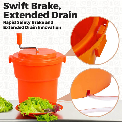 Heavy Hitter Commercial Salad Spinner With 5.5 Gallon 20 Quart Capacity showcasing swift brake and drain features with lettuce.