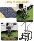 Heavy Duty Rv Entry Steps With Sturdy Handrail Four Step Camper Stairs For Travel Trailers Fifth Wheels And Mobile Homes No Fuss Setup, showing anti-slip surface and ergonomic handrail.