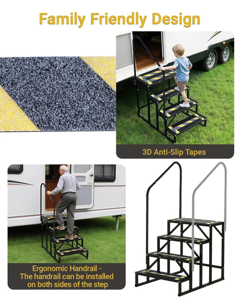 Heavy Duty Rv Entry Steps With Sturdy Handrail Four Step Camper Stairs For Travel Trailers Fifth Wheels And Mobile Homes No Fuss Setup, showing anti-slip surface and ergonomic handrail.