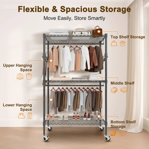 Clear View Clothes Closet With 3 Way Zipper Front, Heavy Duty Epoxy Metal Frame, Locking Wheels, shown with hanging and shelf storage