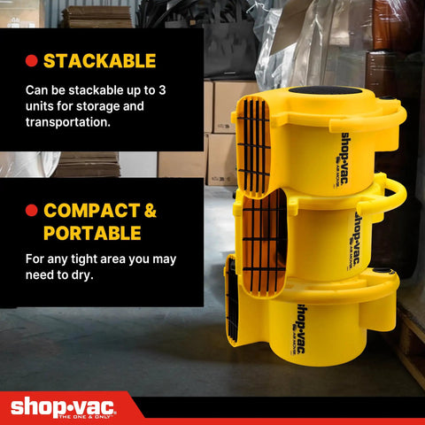 Stacked heavy duty floor drying fan with 1000 CFM air mover, 3 speed blower, portable and stackable, perfect for water damage restoration.