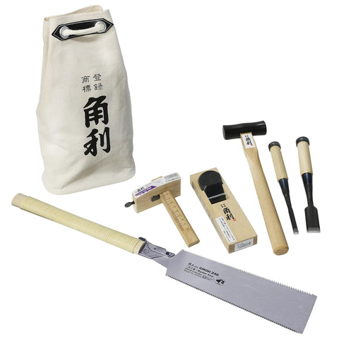 Beginner Friendly Japanese Woodworking Hand Tool Set 7 Piece Includes Plane Chisels Pull Saw Hammer Marking Gauge And Carry Bag