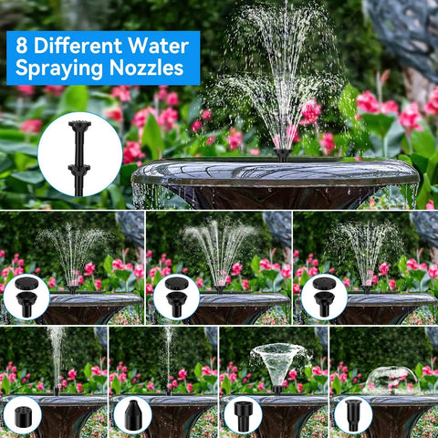 Solar Fountain Pump For Bird Bath With Built In 6W Solar Panel And 3000mAh Battery Backup Dry Run Protection Double Layer Nozzles