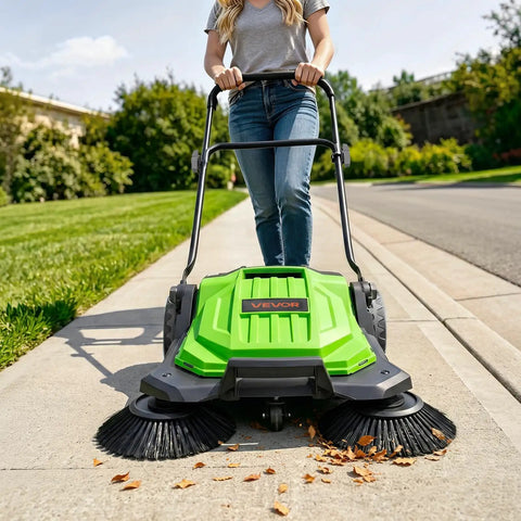 VEVOR Walk-Behind Floor Sweeper With 25.6 Inches Wide Brush And Big Waste Bin Perfect For Picking Up Leaves Grass And Debris From Yards Patios Garages No Battery Or Fuel Needed Super Easy To Push Around