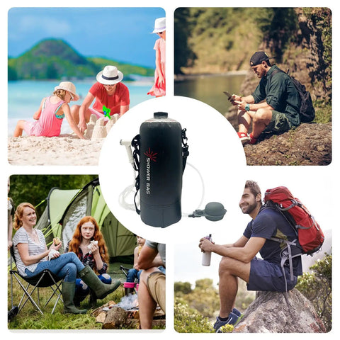 Foldable 12L Solar Heated Camping Shower Kit with removable hose and showerhead shown in outdoor adventure settings.