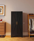 61 Inch Tall Farmhouse Metal Pantry Cabinet With Two Barn Doors And Adjustable Shelves Built To Last Heavy Duty Steel Kitchen Storage Cabinet For Pantry Laundry Room Home Office And Kids Room In Black Finish, front view showing black finish and barn doors, placed in a room next to wooden furniture.