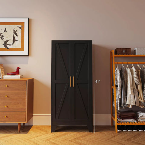 61 Inch Tall Farmhouse Metal Pantry Cabinet With Two Barn Doors And Adjustable Shelves Built To Last Heavy Duty Steel Kitchen Storage Cabinet For Pantry Laundry Room Home Office And Kids Room In Black Finish, front view showing black finish and barn doors, placed in a room next to wooden furniture.