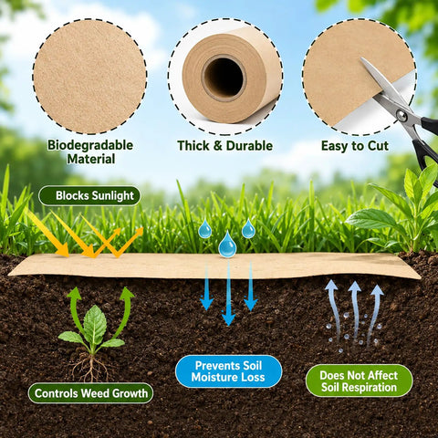 Biodegradable Paper Weed Barrier 2 Pack 100 Feet Each for garden and lawn showing features like sunlight blocking, easy cut.