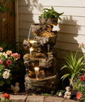 Outdoor Water Fountain With 5 Tiers Cascade Design Realistic Tree Trunk Style LED Lights For Garden Patio Tall 40 Inch
