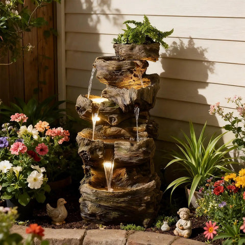 Outdoor Water Fountain With 5 Tiers Cascade Design Realistic Tree Trunk Style LED Lights For Garden Patio Tall 40 Inch