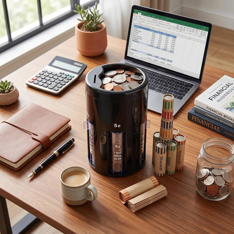 POCREATION 5 In 1 Automatic Sorter Machine Digital Counting Device With Tubes For Pennies Nickels Dimes Quarters Dollars on a desk.